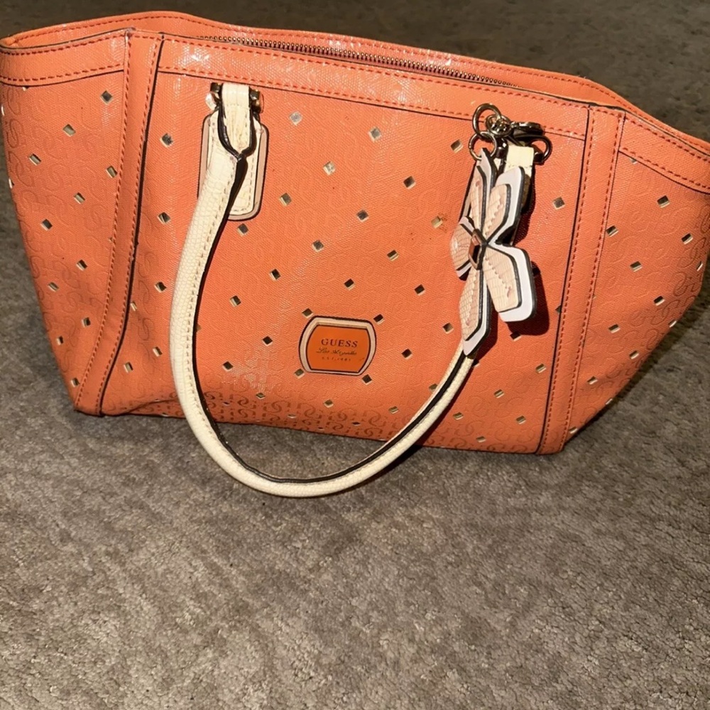 Guess Orange Tote with Textured Leather and Decorative Perforations